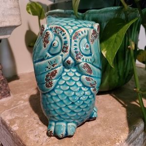 Teal Blue Distressed Ceramic Owl Figurine Decor